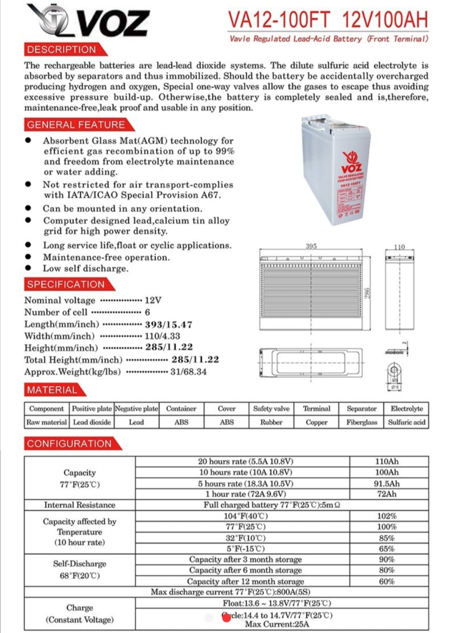 Baterai Voz Front Terminal 100 Ah 12V